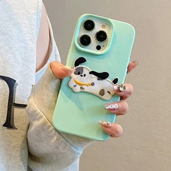 Korean Cute 3D Cartoon Embroidery Dog Phone Case - Funny Puppy Leather Pattern Cover - iPhone 17 Pro Max (Green)