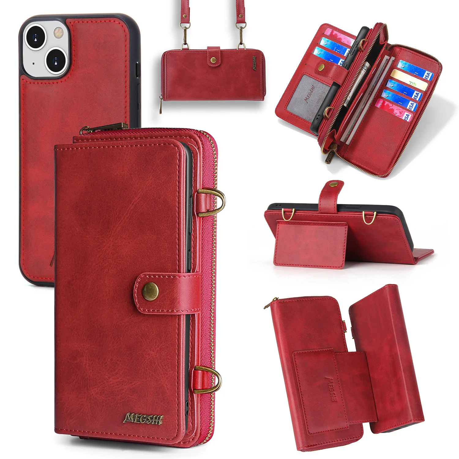 

Luxury Wallet Storage Compartment Pouch Lanyard Leather Cover For iPhone 6s 7 8 Plus SE X Xs XR 11 12 13 Mini 14 Pro Max Cases