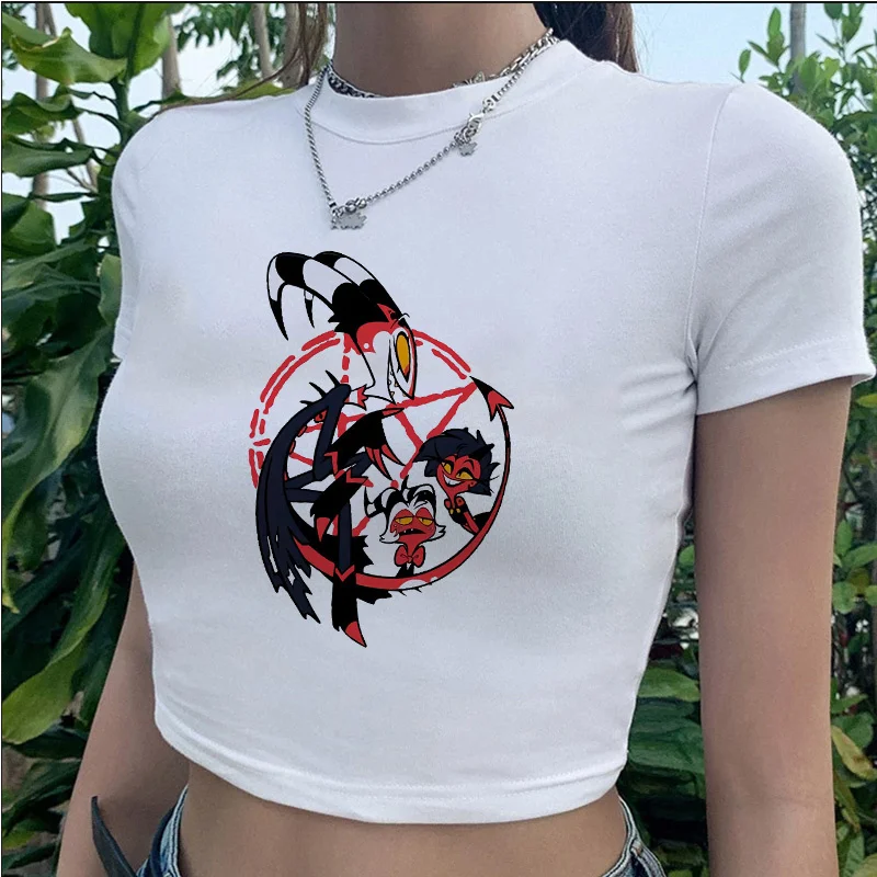 Helluva Boss Moda Coreana Streetwear Gothic Crop Top Girl Goth Streetwear Manga Kawai Tee Ritagliata