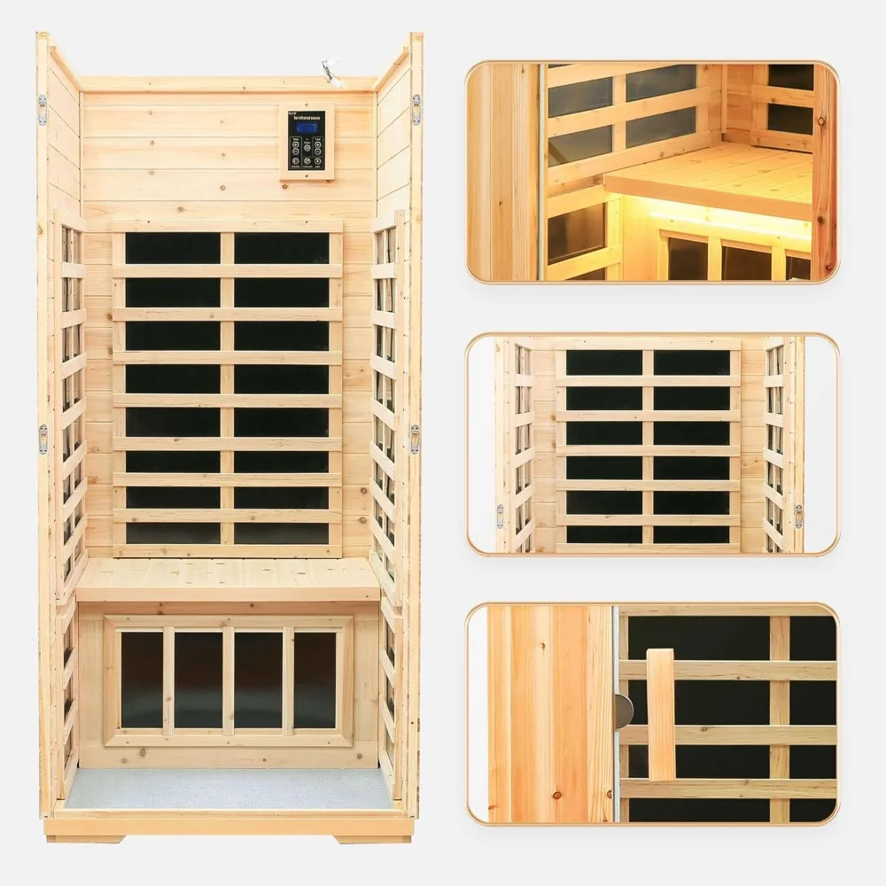 Far Infrared Wooden Outdoor Sauna, 1-Person Size, w/1560W, 6 Low EMF Heaters, 10 Minutes Pre-Warm up, Time and Temp Pre-Set 6
