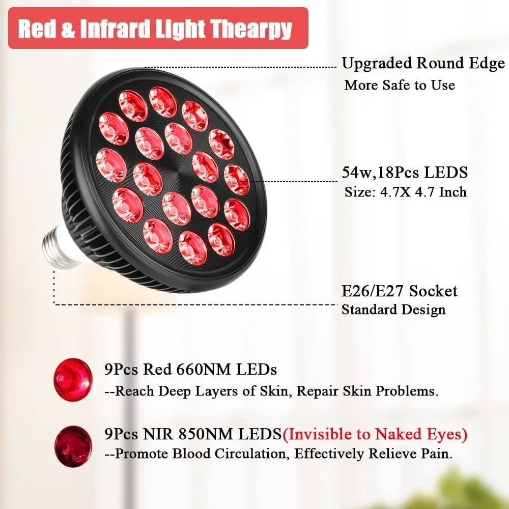 18Pcs Chips 54W LED Red Light Therapy Lamp 660nm&850nm Infrared Bulb with Floor Stand for Skin Care Pain Relief 360&deg; Adjustable