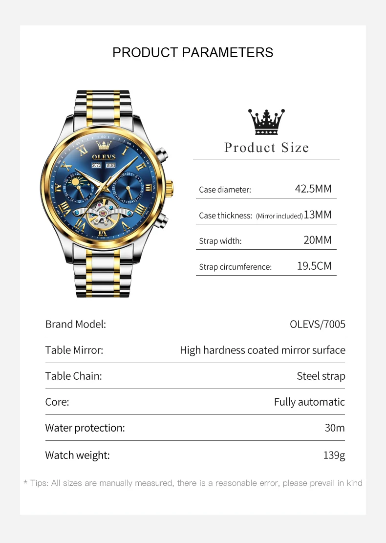 OLEVS 7005 Automatic Man Watch Top Brand Roman Scale Mechanical Watch For Men Moonswatch Hollow Luxury Waterproof Wristwatch