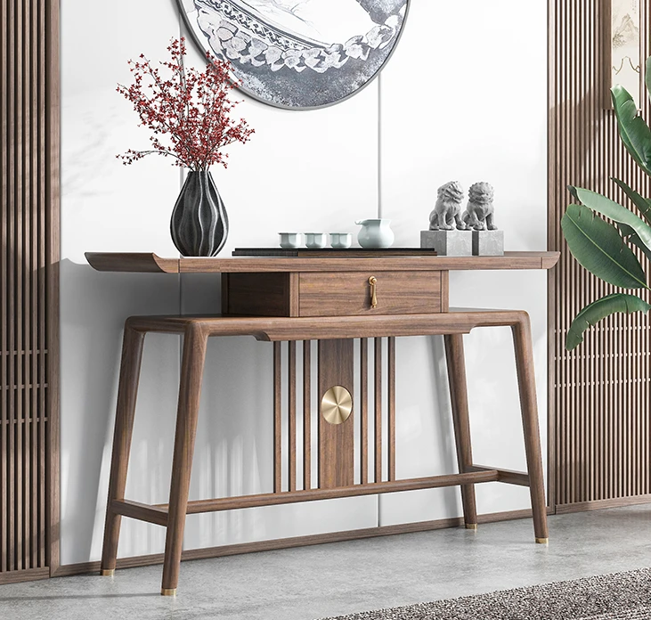 

New Chinese Solid Wood Console Tables a Long Narrow Table Walnut Color Storage Rack