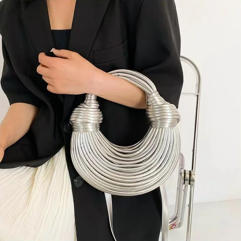 Womens leather handbag Handwoven Noodle Rope Knotted Pulled Hobo Evening Clutch