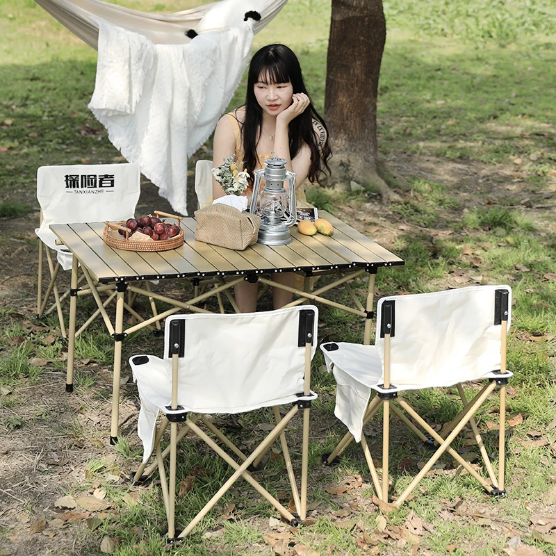 

Portable Outdoor Aluminum Folding Table and Chair White Folding Set 5in1 with 4 chairs and 1 table