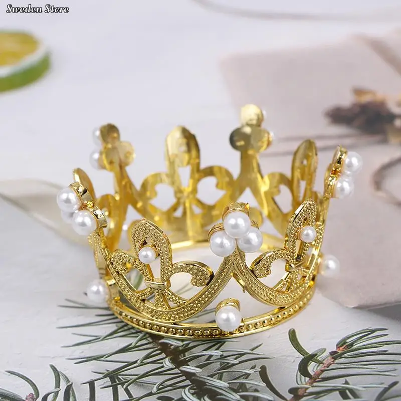 Description Picture 2 of item1pc Mini Crown Cake Topper Crystal Pearl Tiara Children Hair Ornaments Elegant Wedding Party Decoration Supplies