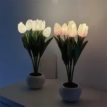  Tulips Artificial Flowers LED Night Light Lamp Hotel Bedroom Bedside Wedding Touch Banquet Gift Living Room Garden Home Decor 