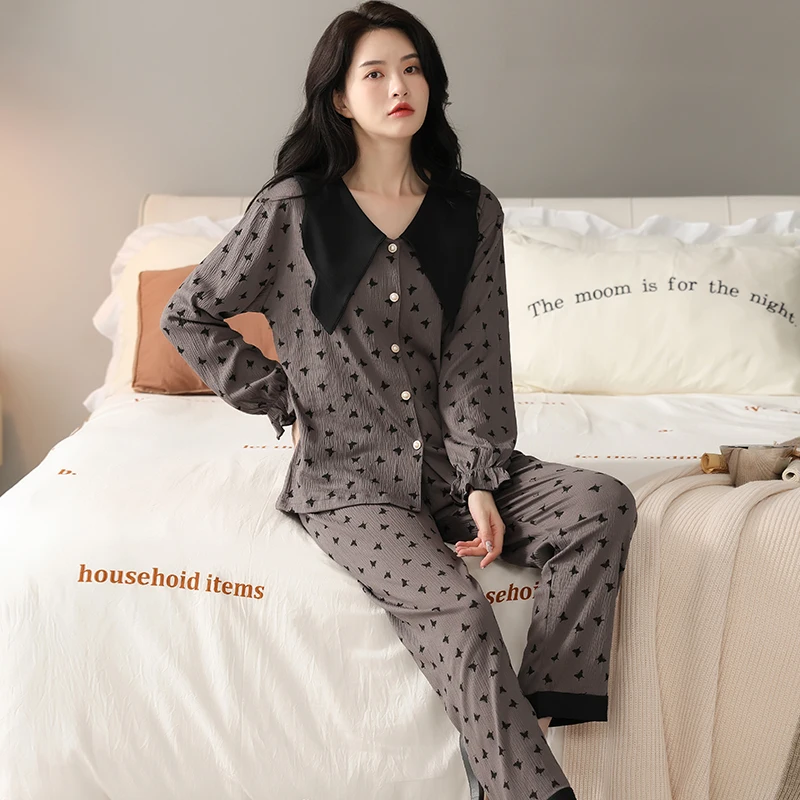 

Autumn Pajamas Sets For Women Female Butterfly Print Home Clothes Suit Cotton Long Sleeve Young Ladies Homewear Spring Pyjamas