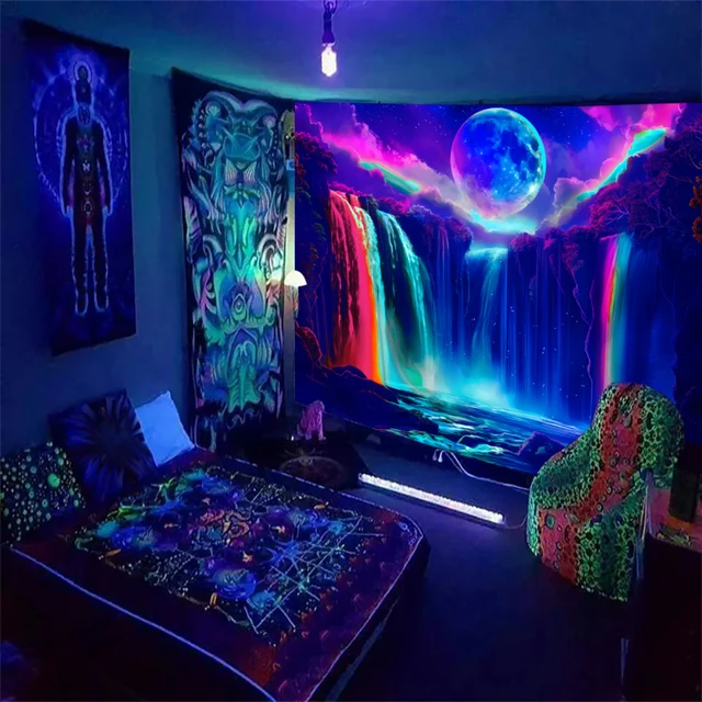 Tapisserie colorée à réponse UV, cascade, lune, ciel nocturne, paysage naturel, lumière noire, décoration de la maison, 1 pièce 5