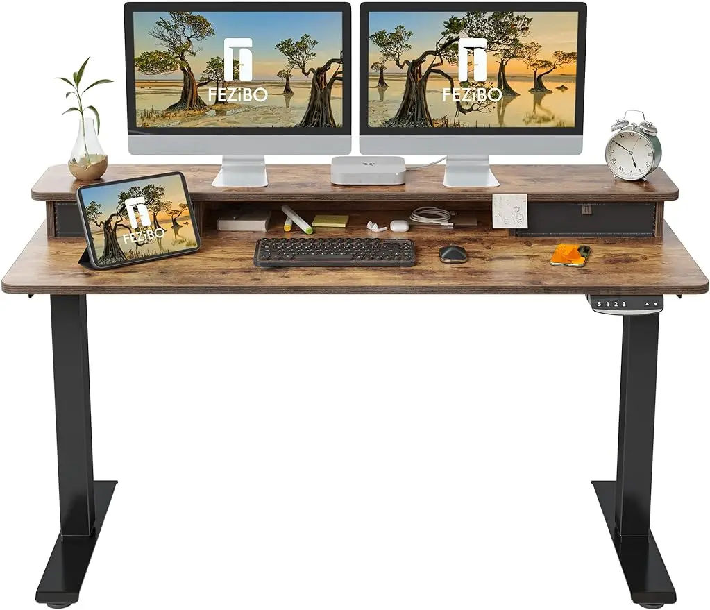 

Inch Height Adjustable Electric Standing Desk with Double Drawer, Stand Up Desk with Storage Shelf, Sit Stand Desk, Rustic Brown