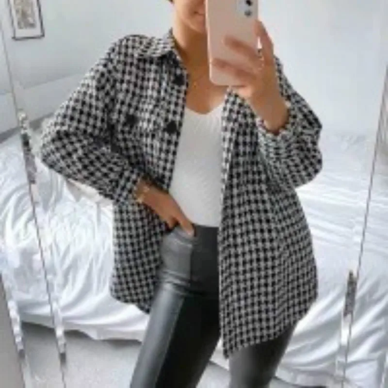 Women Autumn Plaid Jacket Check Houndstooth Lapel Collar Coat Winter Female New Full Sleeves Single Breasted Outerwear Classic