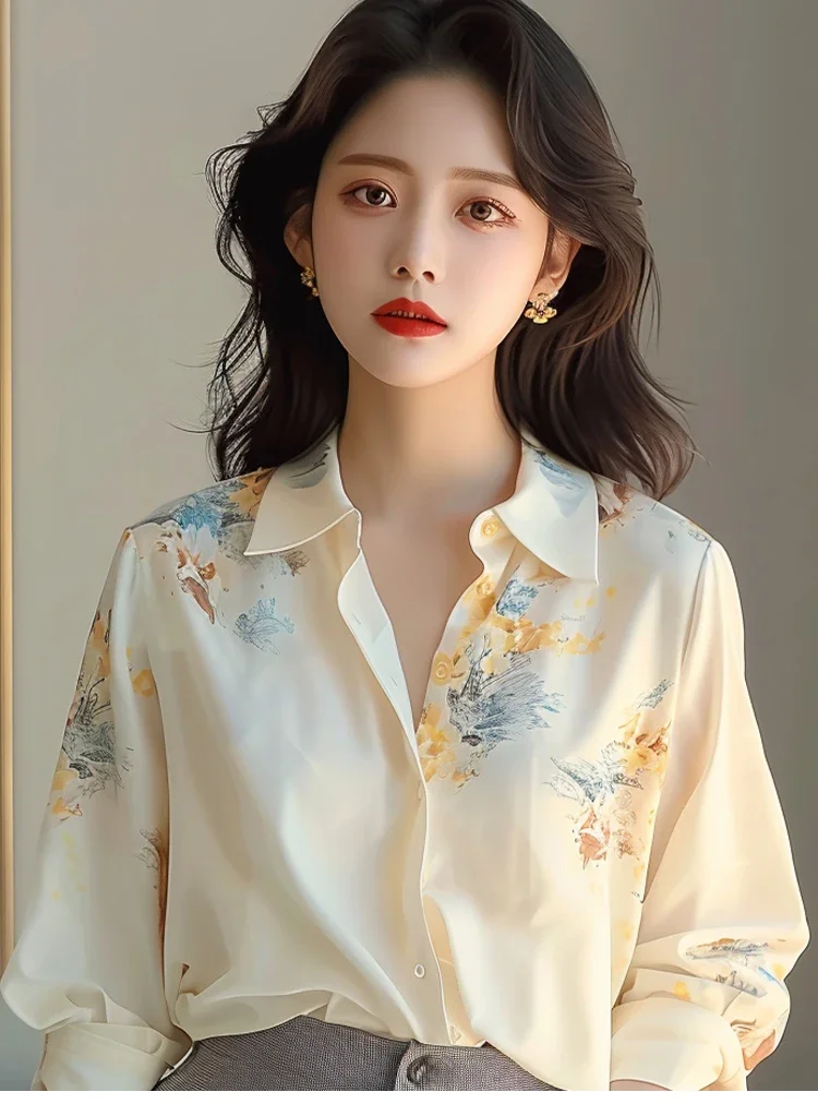 Chiffon Women's Shirt Summer Prints Vintage Blouses Loose Fit Long Sleeve Women Tops Fashion Polo-neck Clothing 2024 Korean