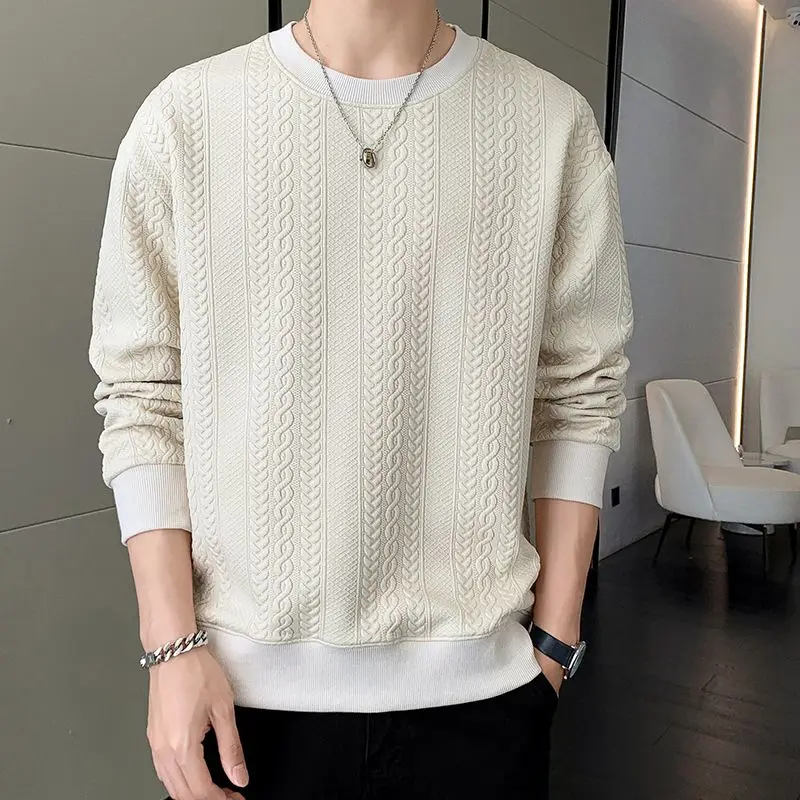 цена Men Sweatshirt Long Sleeve T-shirt  Autumn 2023 New Jacquard Trendy Male Clothing Loose Large Size Youth T-shirt