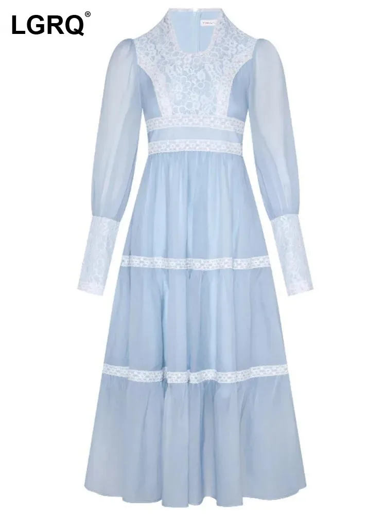 

LGRQ Women's Dress High Waist Fashion French Elegant Spliced Lace Party V-neck Evening Dresses Summer 2024 New Clothes WQ7465