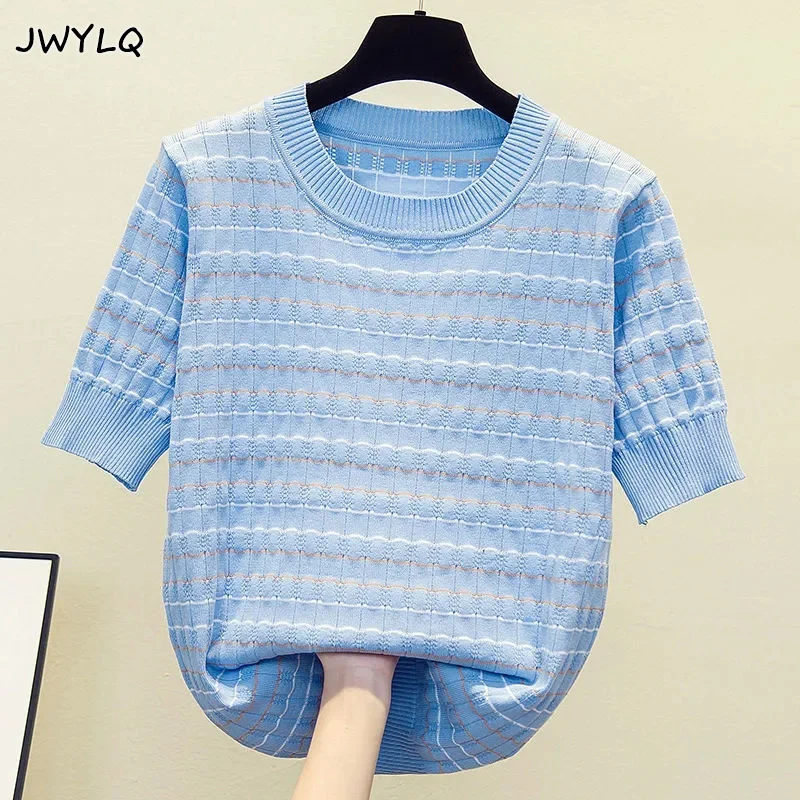 

2022 Large Size Women Stripe Kint New Summer Sweater Loose Casual Short Sleeve O Neck Kint Female Jumper Oversized Pullover Top