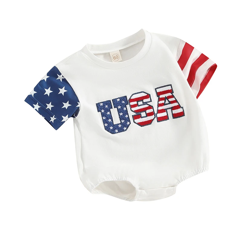 Citgeett Summer Independence Day Infant Baby Boys Girls Short Sleeve Letters Star Stripes Bodysuit Festival Clothes