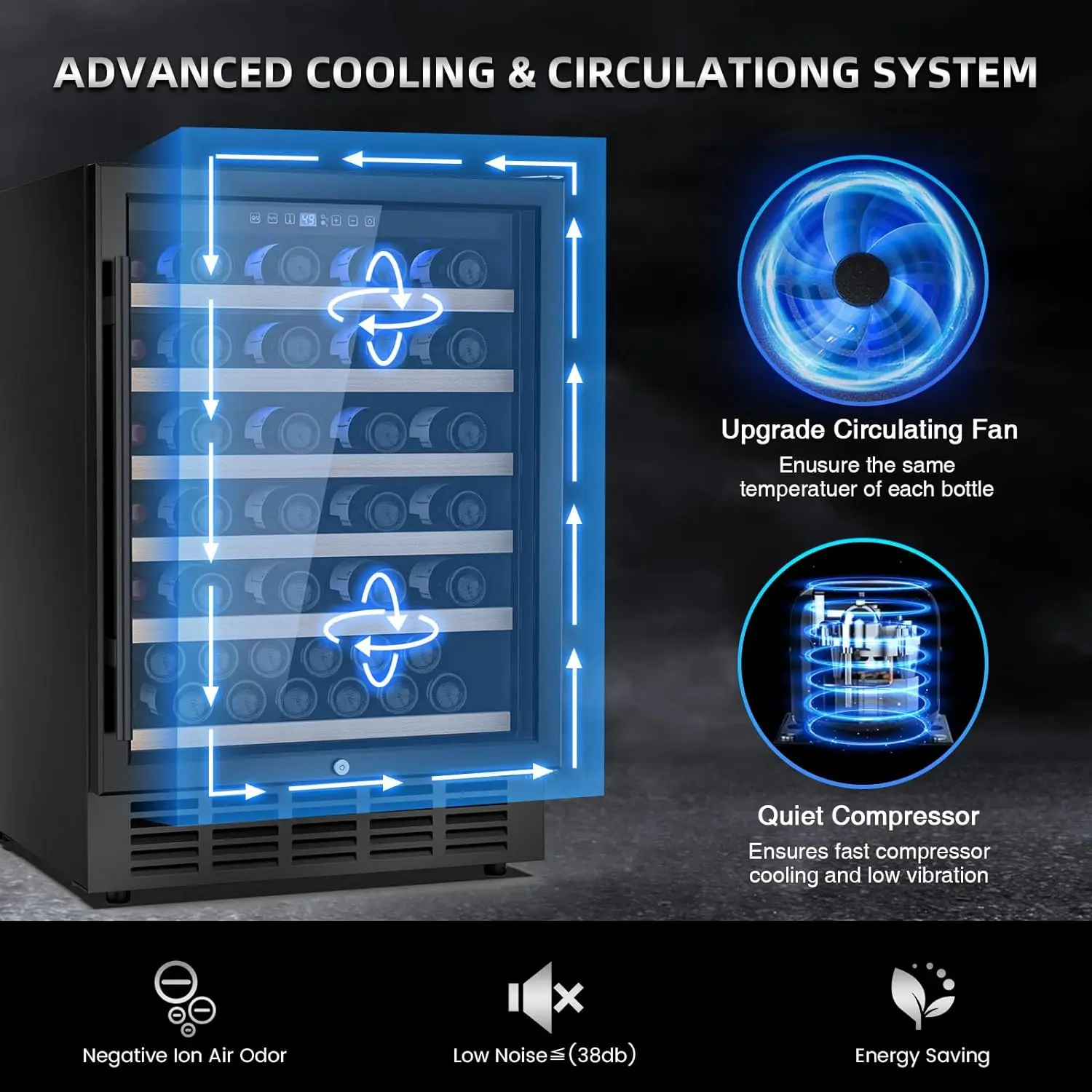 24 inch Wine Cooler, 51 Bottle-Dual Zone Built-in or Freestanding Fridge with Stainless Steel Reversible Glass Door, for Home