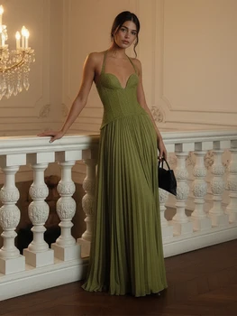 Green Chic Corset Halter Long Dress Women Solid Backless Off Shoulder Pleated Patchwork Slim Dresses 2026 Lady Party Gown New 1