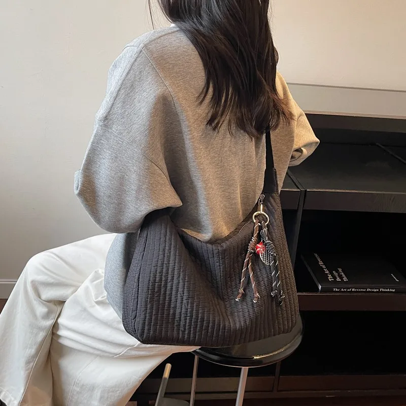 Casual Stitched Tote Bag Large Capacity Quilted Shoulder Bag Solid Color Casual Sling Bag Travel Date Shopping Handbag