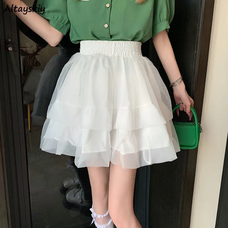 

Skirts Women Ball Gown Sweet Tender Mesh Patchwork New Simple High Waist Solid Korean Style Casual Fashion Schoolgirls Summer