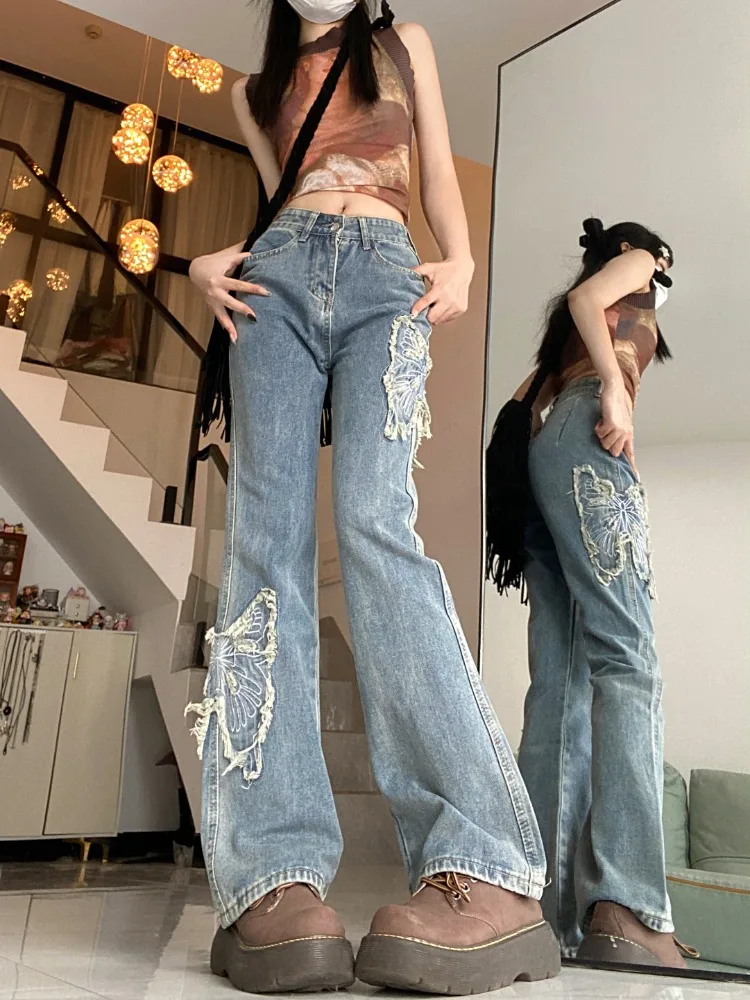 ADAgirl Baggy Jeans Women Y2k Causal Butterflies Pattern Wide Leg High Waist Flared Denim Pants Streetwear Retro Korean Trouser