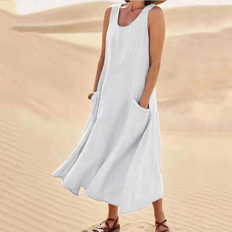 S258b8e9ba9464fef85359eaedb7b3636n Solid Casual Loose Summer Long Dresses For Women, Elegant Pretty Women's Plus Size Midi Dresses Simple Female Maxi Dress Mallzona