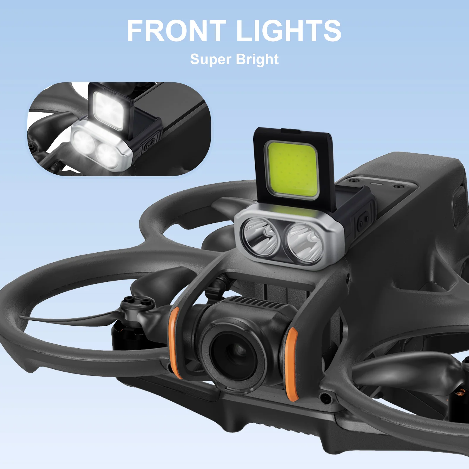 Drone FPV équipé du projecteur LED illuminant un champ sombre, parfait pour les vols nocturnes.