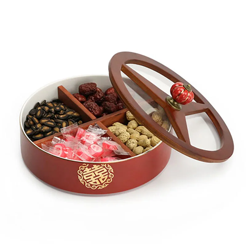 Round Ceramics Divided Serving Tray with Lids, Snack Fruit Tray, 4 Compartment, Round Storage, Lunch Food Organizer Box