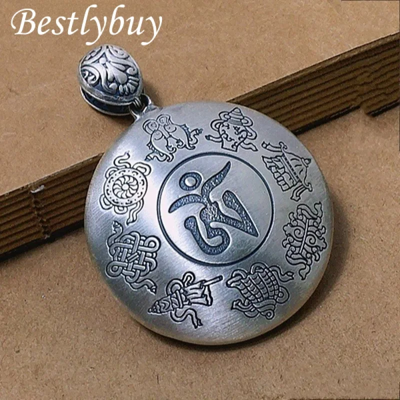 

New S999 Sterling Silver Retro Six Character Mantra Auspicious Eight Treasures Pendant Gift for Men and Women