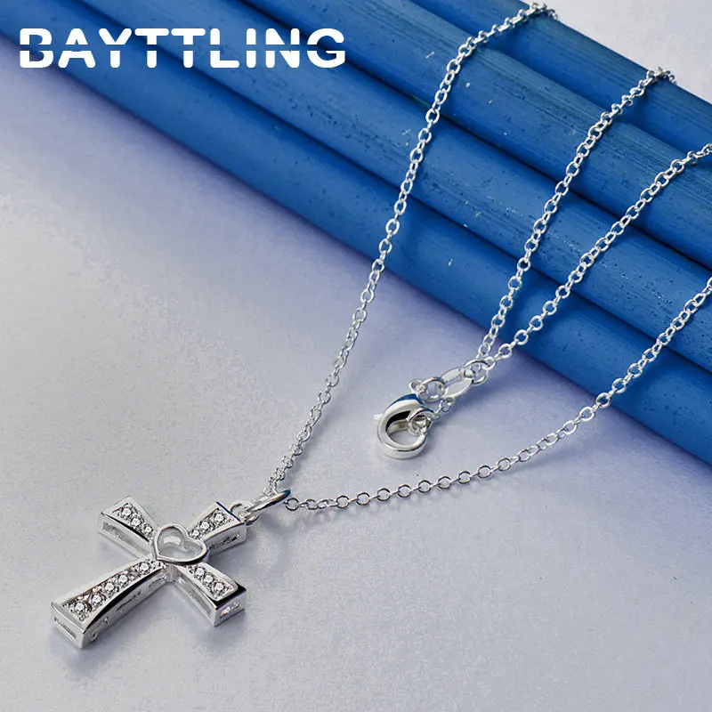 Charm 925 Sterling Silver 16-30 Inches Fine Heart Zircon Cross Necklace For Women Men Fashion Wedding Gifts Party Jewelry