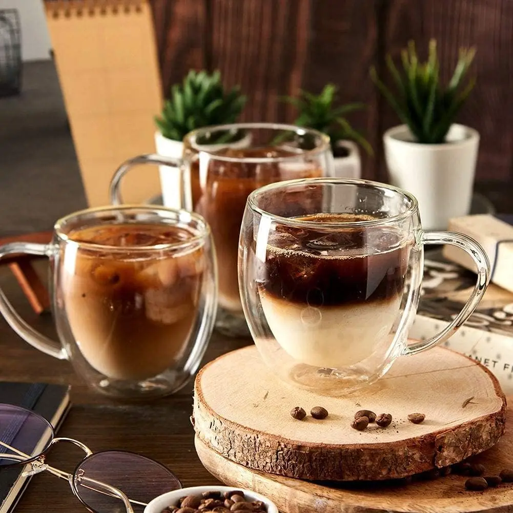 Intirilife 2x set di bicchieri termici a doppia parete -100-150ml- soffiati a bocca isolati per cappuccino espresso, bicchieri da tè bicchieri da