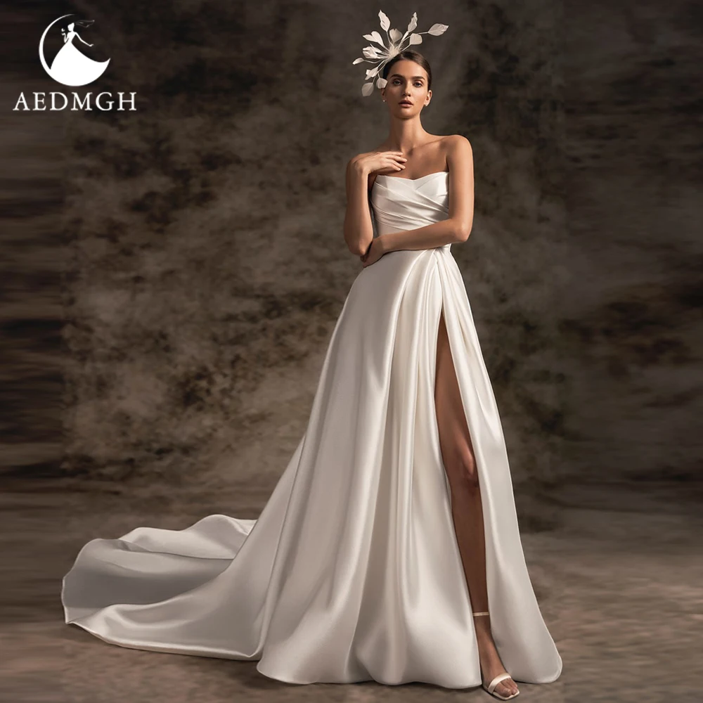 

Aedmgh A-Line Matte Satin Wedding Dresses 2024 Sweetheart Strapless Backless Vestido De Novia Elegant Split Robe De Mariee