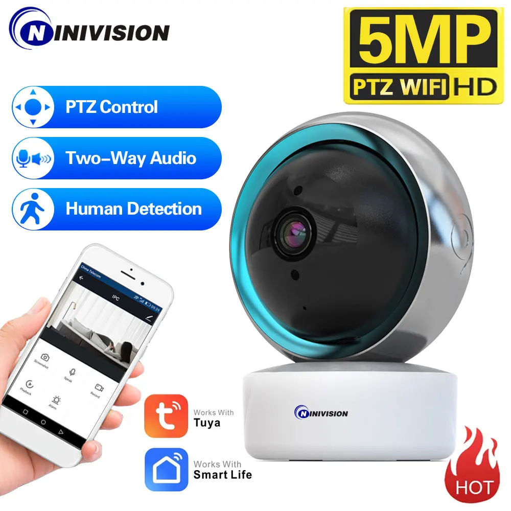 Tuya WIFI PTZ 5MP Baby Monitor Auto Track Indoor Plug And Play Portable Smart Life Home Mini Two Way Audio Security Protection pipeline endoscope with wifi wp70 7inch tft lcd monitor pipe inspection wireless industrial camera dvr portable ip68 waterproof