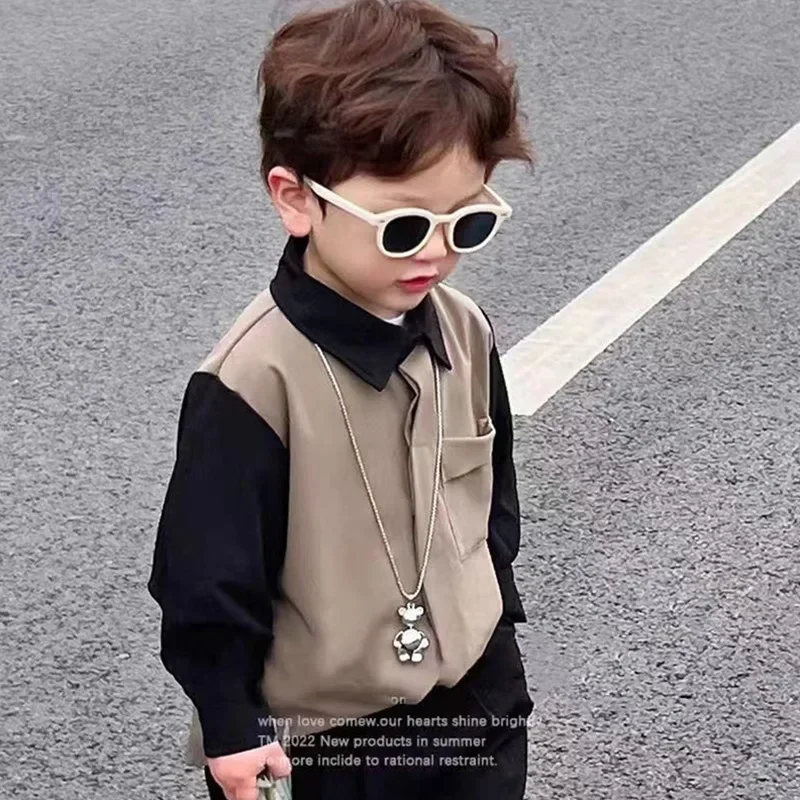 Boys Color Block Shirt British Style Trendy Streetwear Spring Kids Clothing Small Children Shirt Handsome