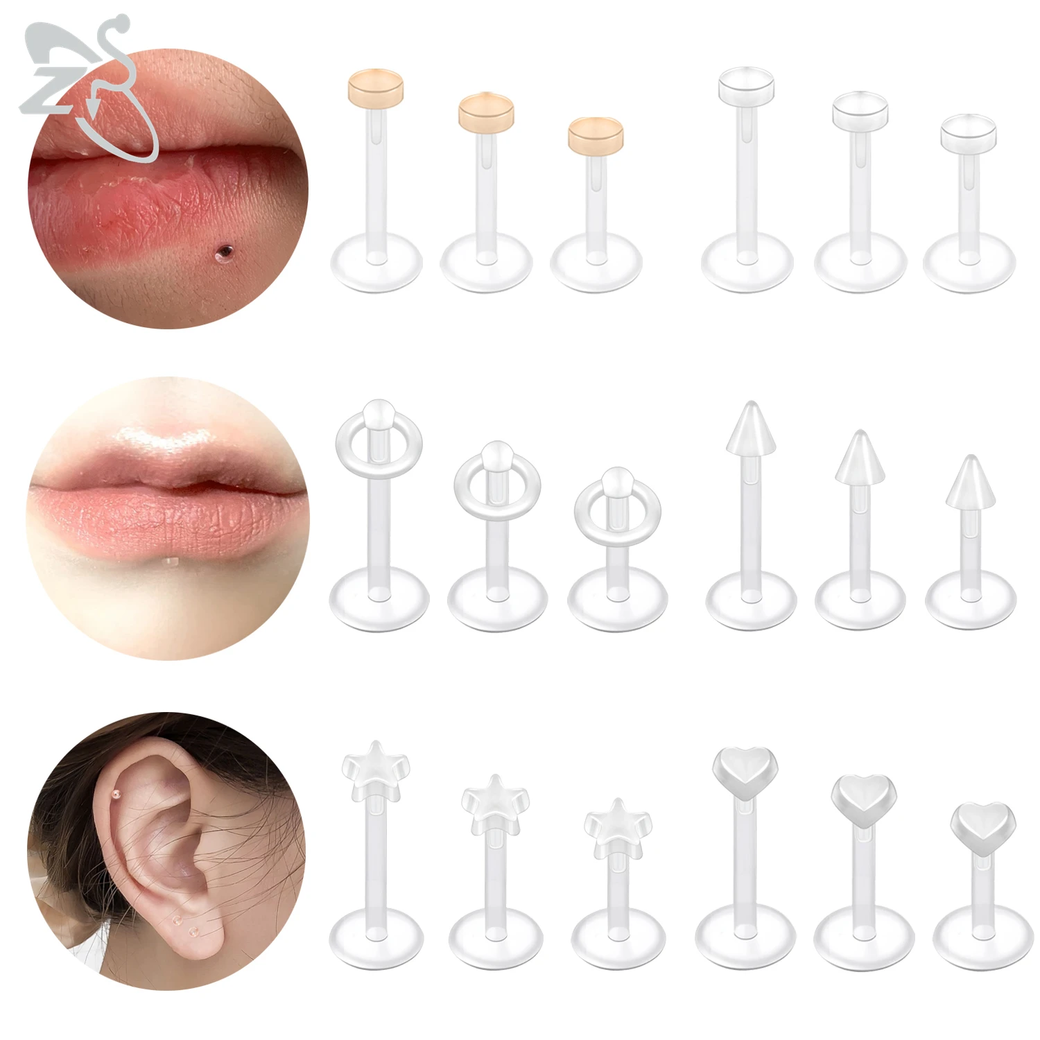 

ZS 10pcs/lot Acrylic Invisible Lip Labret Piercing Set 16G Anti-allergy Transparent Ear Studs Cartilage Helix Piercings Earrings