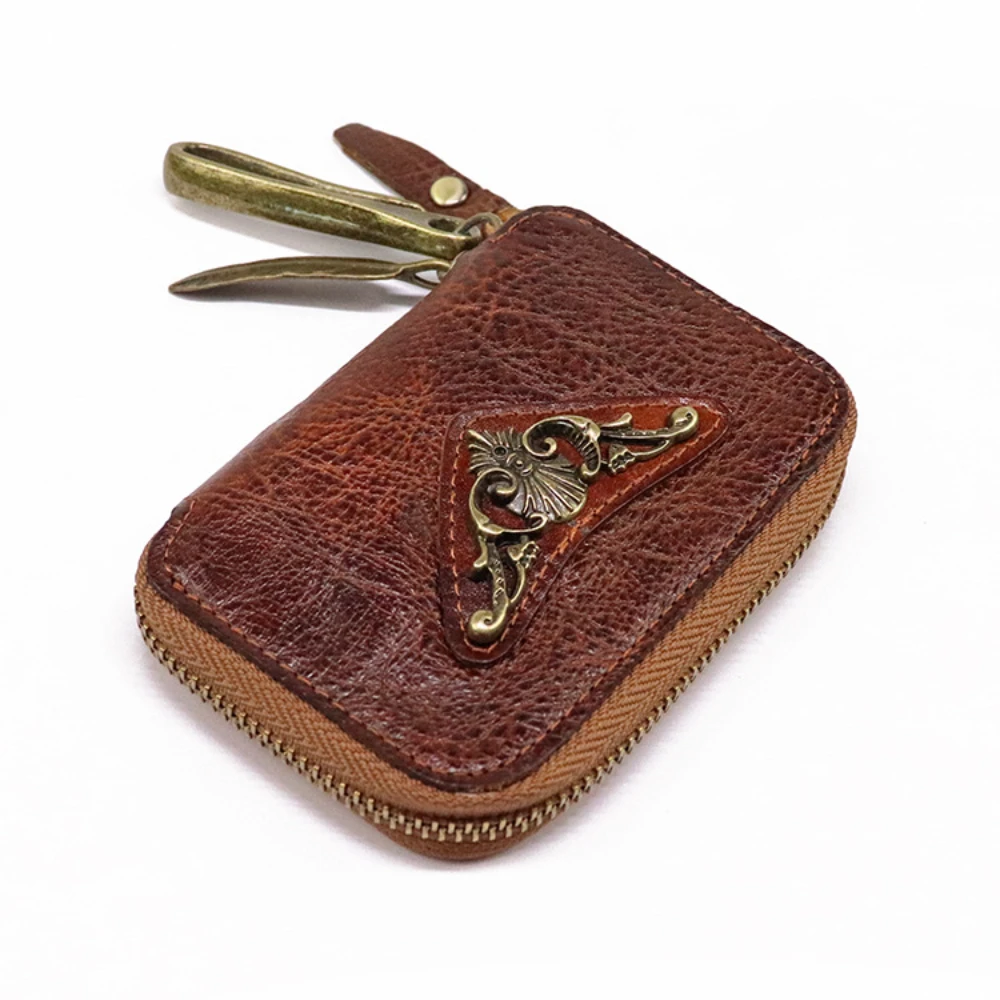 Vintage Key Wallet Genuine Leather Key Holder Wallets Men Zipper Keychain Key Case Bag Male Housekeeper Key Organizer Pouch