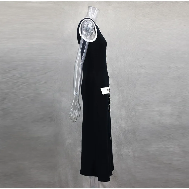 Elegant Single Breasted Knitted Maxi Dress Women Fashion O Neck Sleeveless Fake Pockets Dresses New Lady High Street Robes