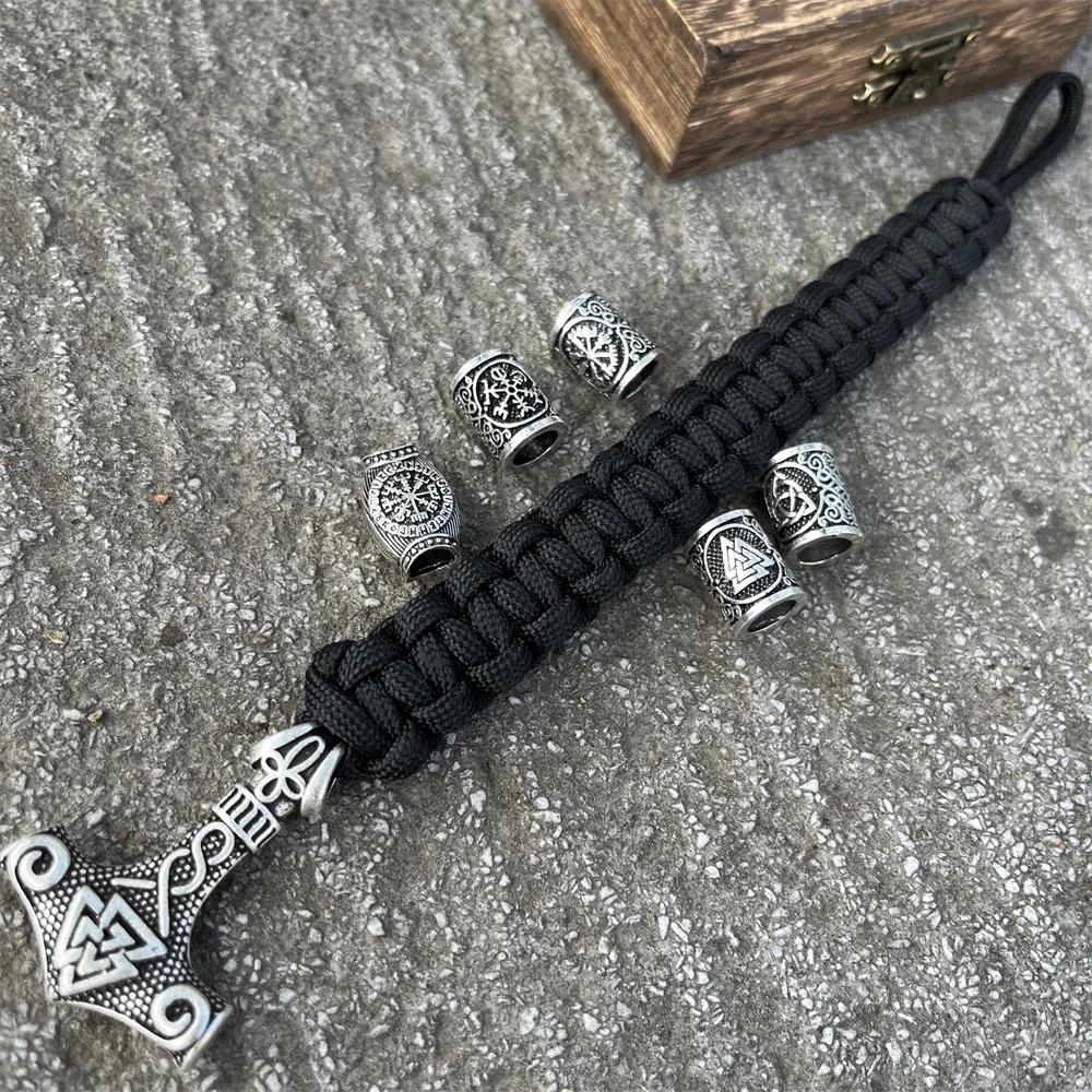 Viking Thor Hammer Valknut Vegvisir Runes Beads Jewelry Handmade Braided DIY Paracord Bracelet Mens Womens Accessories