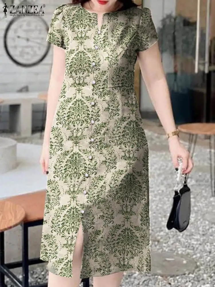 

ZANZEA Vintage Stitching Split Robe 2024 Summer Bohemian Dress Women Flower Print Vestidos Buttons Holiday Short Sleeve Sundress
