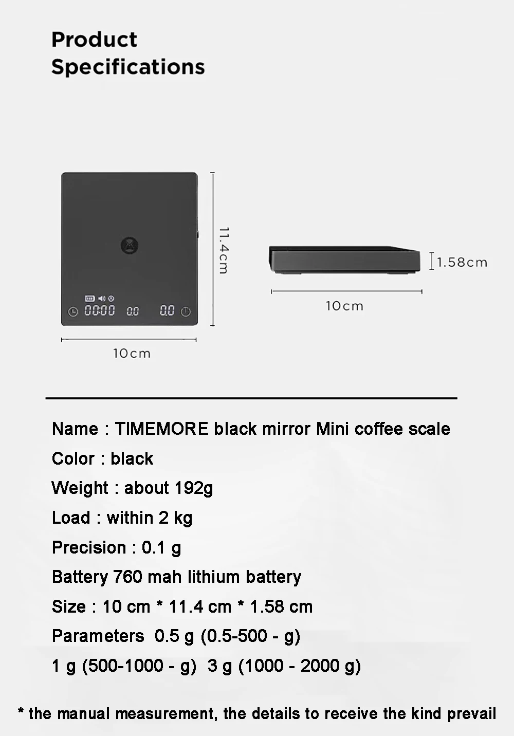 1pc New Timemore mini black mirror Italian coffee electronic scale touchable scale electric drip coffee pot