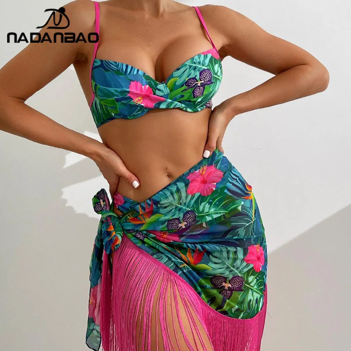 Nadanbao Sexy Lace Beach Bikini Swimsuit Women Plant Printing Bikini Set Female Bandage Fashion Swimwear Summer Surfing Wetsuit