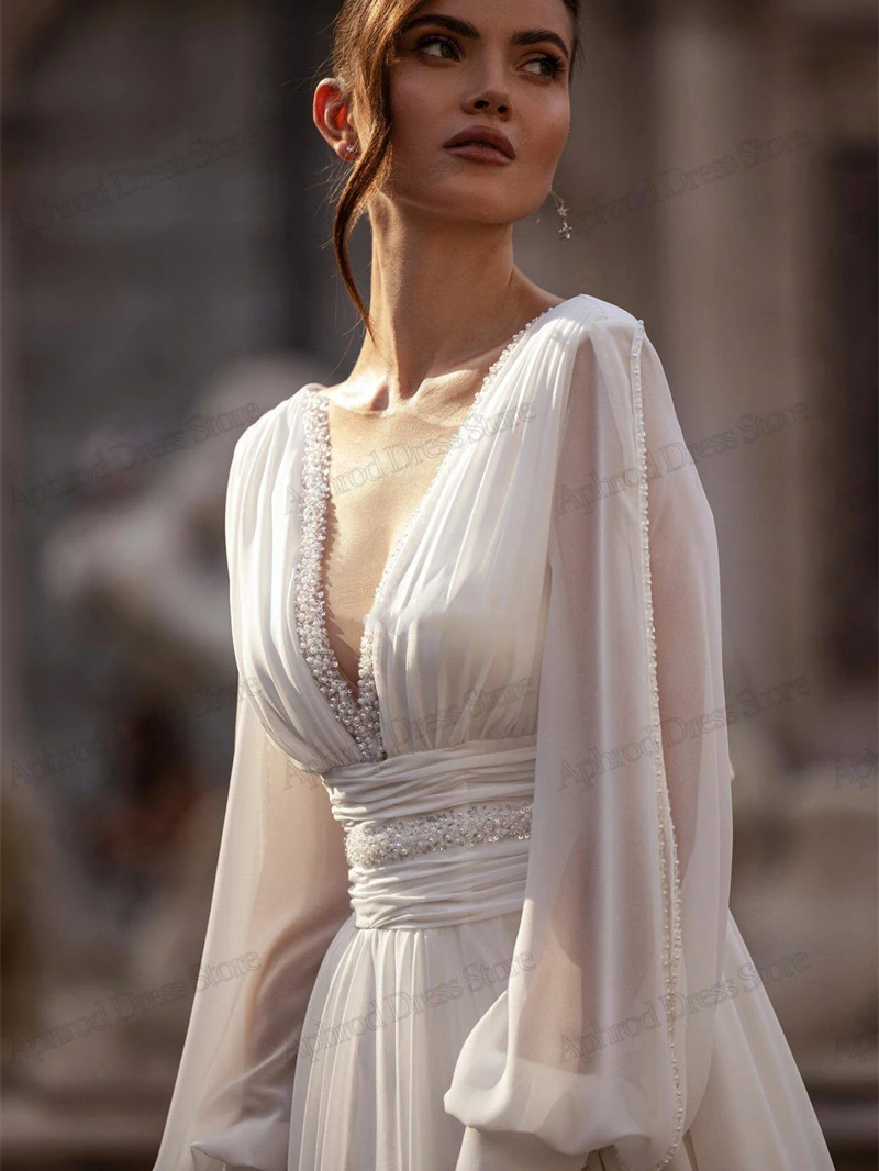 Graceful Wedding Dresses A-Line Chiffon Tiered Bridal Gowns Long Puff Sleeves Robe Deep V-Neck Vestidos De Novia 2025 Customized 3