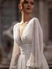 Graceful Wedding Dresses A-Line Chiffon Tiered Bridal Gowns Long Puff Sleeves Robe Deep V-Neck Vestidos De Novia 2025 Customized 3