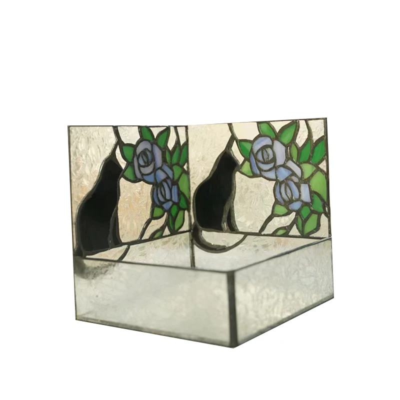 Cat handmade Tiffany glass kitten jewelry box on windowsill storage box candle 8