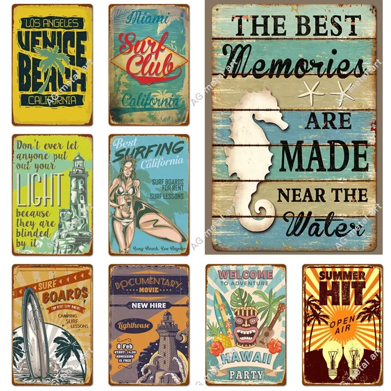 

Summer Beach Surfing Art Painting Metal Tin Sign Indoor Wall Plaques Bar Cafe Home Decoration Retro Tinplate Poster Gifts Decor