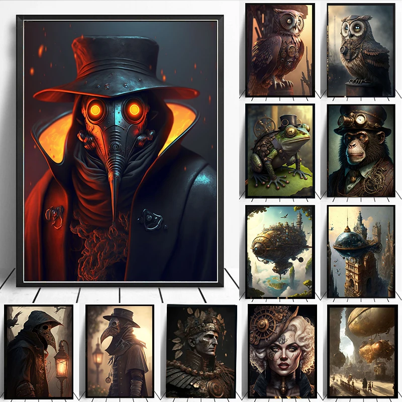 

Винтажный городской постер в стиле стимпанк с кошкой, искусство на холсте с рисунком птицы, ворона, лягушки, обезьяны, картины, картины, декор для домашней комнаты