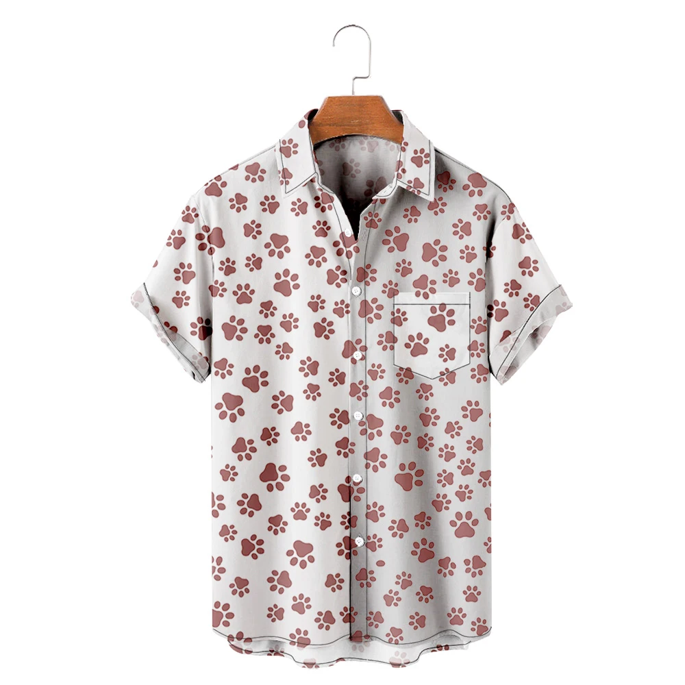 2022 Summer Pink Floral Dog Footprint Men Casual Shirt Single Button Lapel Breathable Fashion Street Shirt Trendy Shirt Men Top