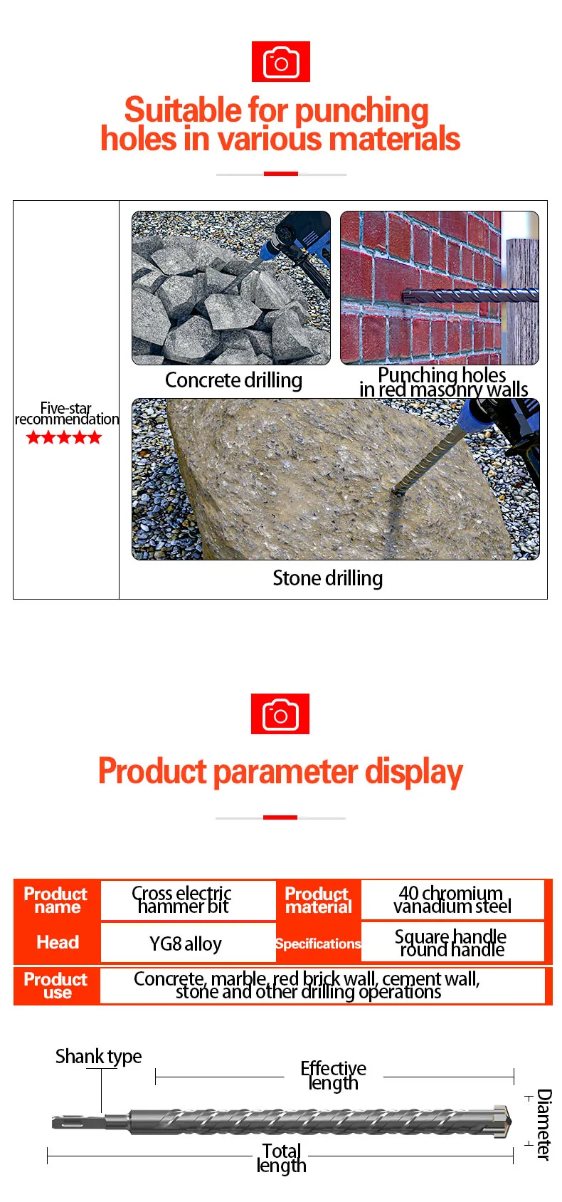 Kreuzspitzen, 4 Fräser, Beton-SDS-Plus-Bohrer, 110 mm, 150 200 350 mm, 500 mm, Wandziegelblock, elektrischer Hammer, Mauerwerk-Bohrer – Detail 8