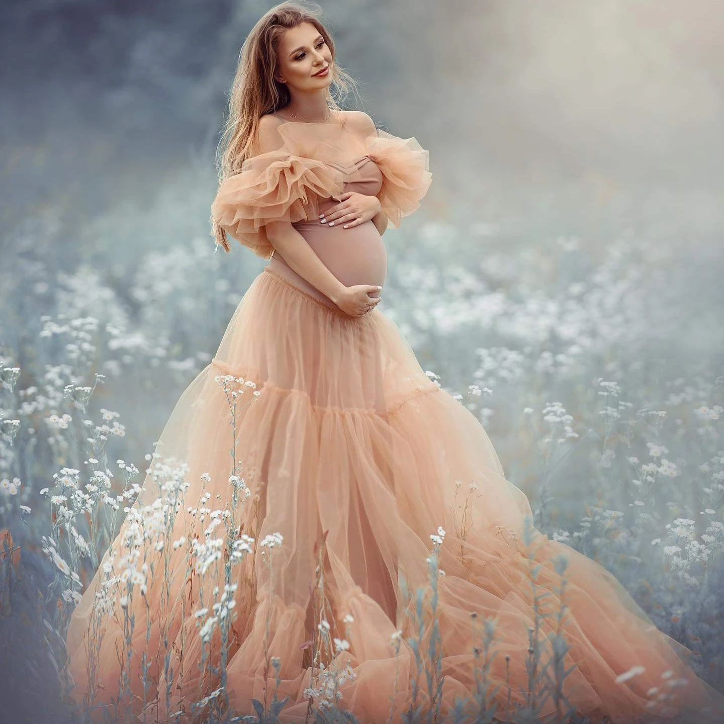 

Gorgerous Off The Shoulder Maternity Dresses Photo Robes Ruffles Sweetheart Pregnant Gowns Custom Made Bathrobes for Photo Shoot