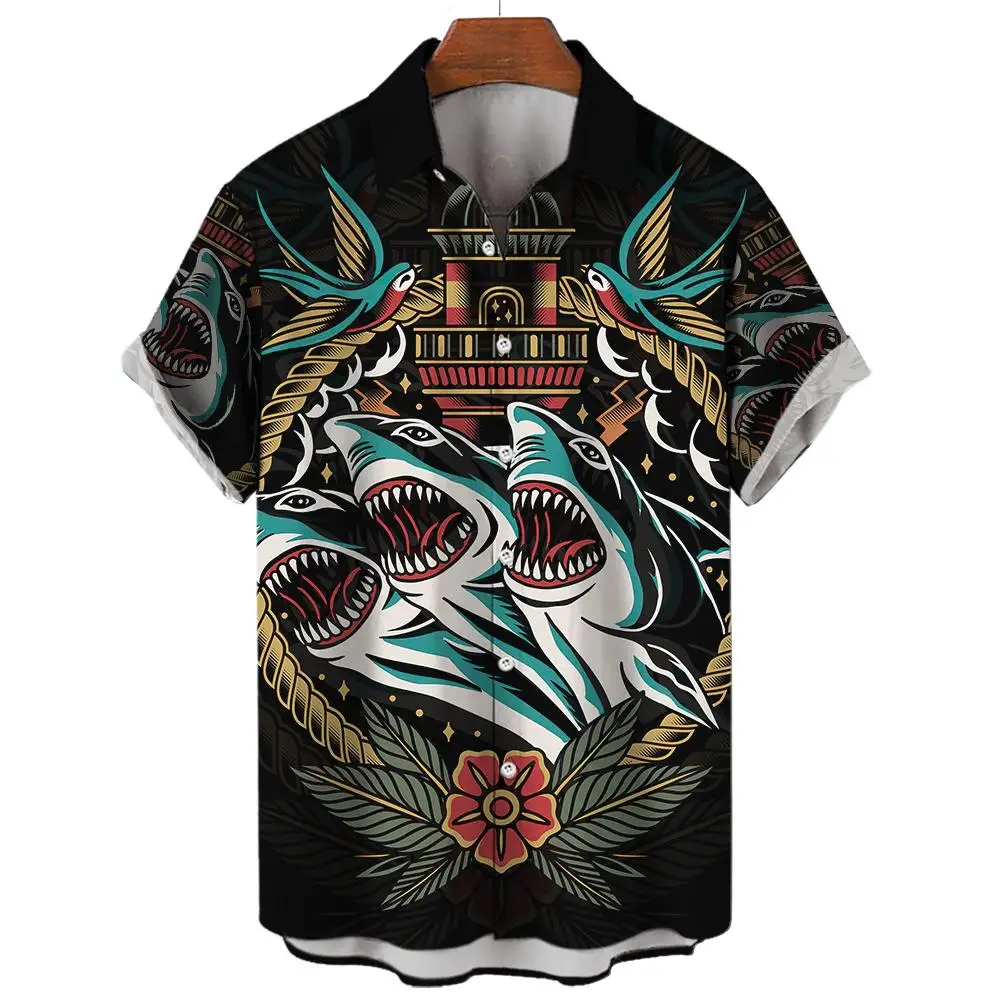 

Animal Shark Graphic Shirts for Men Clothing 3D Printed Hawaiian Beach Shirts Short Sleeve y2k Tops Vintage Clothes Lapel Blouse